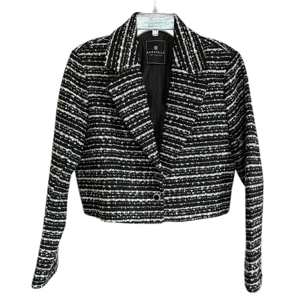 Bagatelle Collection Black White Cropped Tweed Blazer Jacket Wool Blend Large